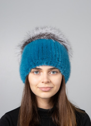 Женская зимняя шапка бини из натурального меха норки с большим помпоном из лисы Меховой Стиль шарик (254916462)