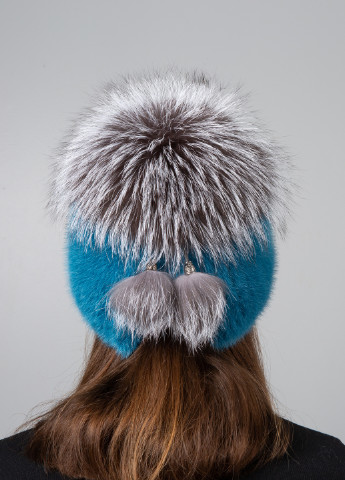 Женская зимняя шапка бини из натурального меха норки с большим помпоном из лисы Меховой Стиль шарик (254916462)