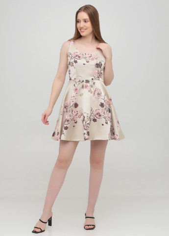 Бежева коктейльна плаття, сукня кльош NN з квітковим принтом