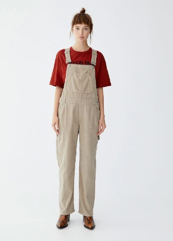 Комбинезон Pull & Bear комбинезон-брюки однотонный бежевый кэжуал хлопок, вельвет