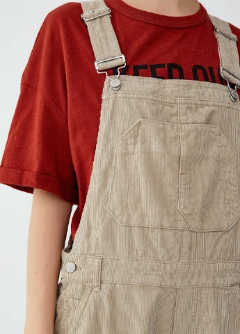 Комбинезон Pull & Bear комбинезон-брюки однотонный бежевый кэжуал хлопок, вельвет