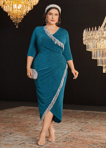 Морской волны коктейльное, вечернее платье на запах, футляр SHEIN однотонное