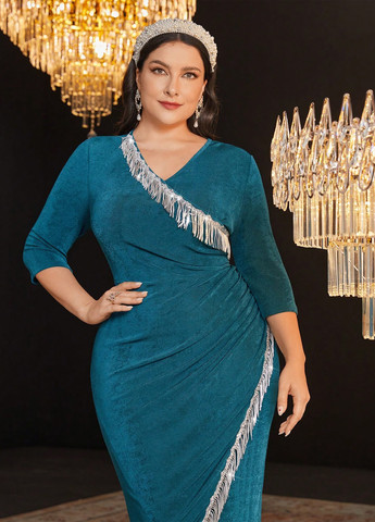 Морской волны коктейльное, вечернее платье на запах, футляр SHEIN однотонное