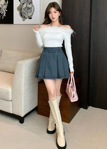 Темно-синяя джинсовая однотонная юбка SHEIN плиссе