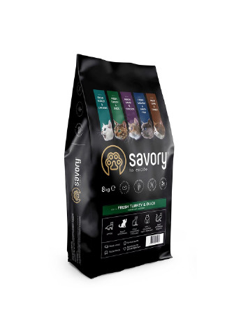 Сухой корм для кошек со свежим мясом индейки и уткой, 8 кг Savory (231268511)
