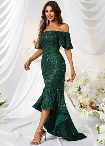 Темно-зеленое вечернее платье годе, со шлейфом, с открытыми плечами SHEIN однотонное