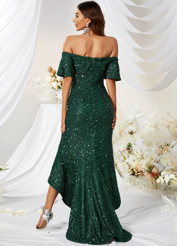 Темно-зеленое вечернее платье годе, со шлейфом, с открытыми плечами SHEIN однотонное