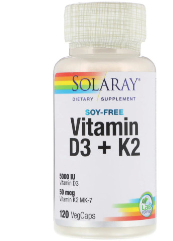 Вітамін D3 + K2, Soy-Free Vitamin D3 + K2,, 120 вегетаріанських капсул Solaray (228292940)