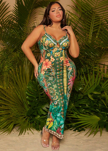 Зеленое кэжуал платье силуэтная SHEIN с цветочным принтом