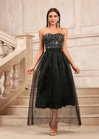 Черное вечернее, праздничный платье с пышной юбкой, бандо SHEIN однотонное