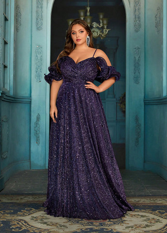 Темно-фіолетова вечірня сукня з спідницею-сонце, в стилі армпір, з відкритими плечима, плісована SHEIN з візерунком "перець з сіллю"