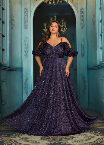 Темно-фіолетова вечірня сукня з спідницею-сонце, в стилі армпір, з відкритими плечима, плісована SHEIN з візерунком "перець з сіллю"