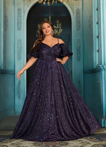 Темно-фіолетова вечірня сукня з спідницею-сонце, в стилі армпір, з відкритими плечима, плісована SHEIN з візерунком "перець з сіллю"