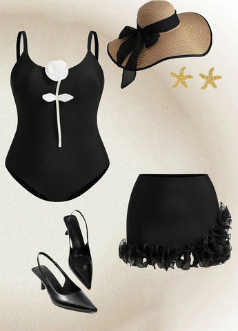 Черный летний комплект (купальник, юбка) SHEIN