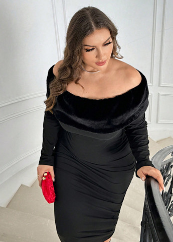 Черное вечернее платье силуэтная, с открытыми плечами SHEIN однотонное