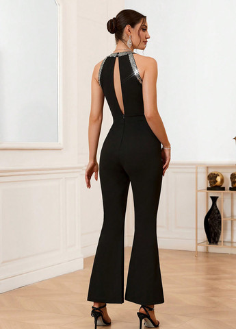 Комбинезон SHEIN комбинезон-брюки однотонный чёрный вечерний полиэстер