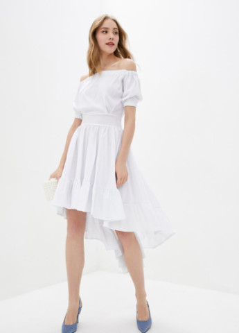 Білий вечірня літнє асимитричне жіноче плаття з воланами з відкритими плечима Podium однотонна