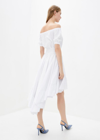 Білий вечірня літнє асимитричне жіноче плаття з воланами з відкритими плечима Podium однотонна