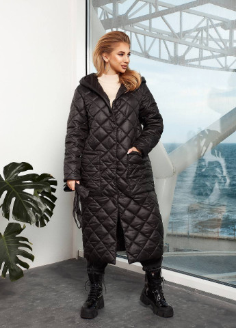 Черная зимняя длинная теплая куртка Hand Made