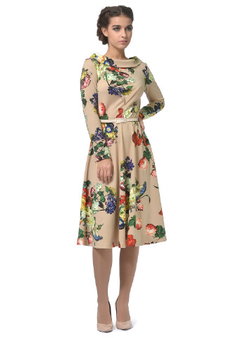 Бежевое кэжуал платье с юбкой-солнце Lemon с цветочным принтом