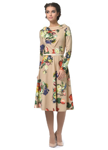 Бежевое кэжуал платье с юбкой-солнце Lemon с цветочным принтом