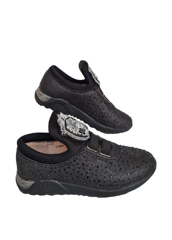 Детские черные осенние кроссовки Lilin на шнурках со стразами, с камнями для девочки