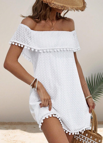 Белое кэжуал платье а-силуэт, с открытыми плечами SHEIN однотонное