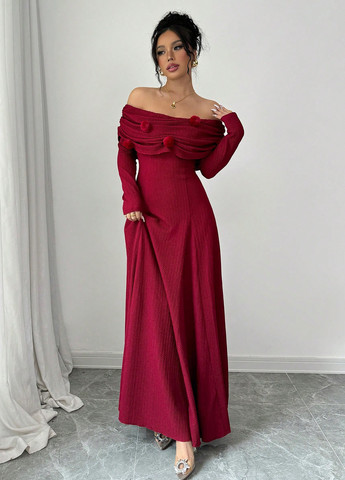 Вишневое вечернее, праздничный платье клеш, с открытыми плечами, с открытой спиной SHEIN однотонное