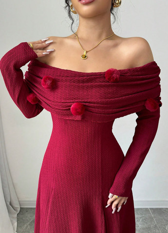 Вишневое вечернее, праздничный платье клеш, с открытыми плечами, с открытой спиной SHEIN однотонное