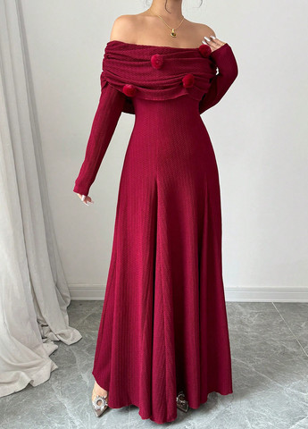 Вишневое вечернее, праздничный платье клеш, с открытыми плечами, с открытой спиной SHEIN однотонное