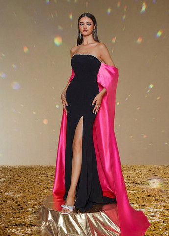 Комбинированное праздничный, вечернее платье со шлейфом, с открытыми плечами SHEIN колор блок