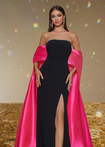 Комбинированное праздничный, вечернее платье со шлейфом, с открытыми плечами SHEIN колор блок