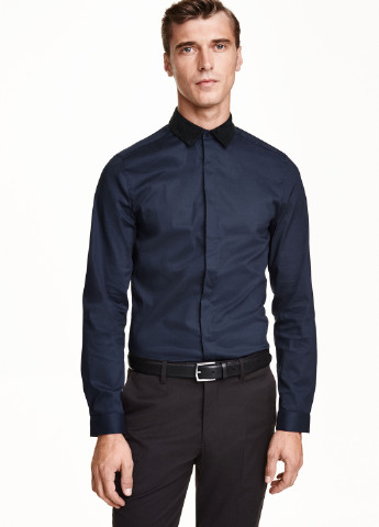 Сорочка H&M з довгим рукавом однотонна темно-синя кежуал