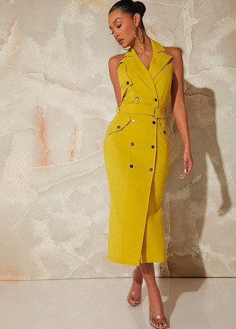 Горчичное кэжуал платье с открытой спиной SHEIN однотонное