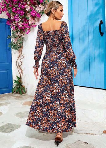 Темно-синя кежуал сукня з спідницею-сонце SHEIN з квітковим принтом