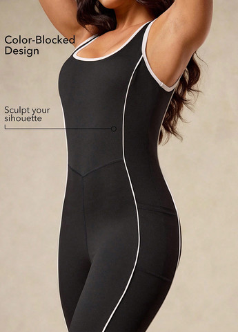 Комбинезон SHEIN комбинезон-брюки однотонный чёрный спортивный полиамид