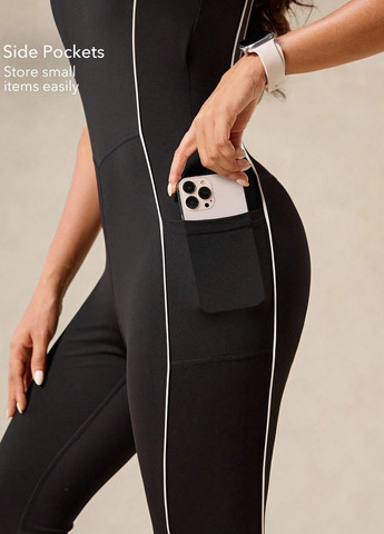 Комбинезон SHEIN комбинезон-брюки однотонный чёрный спортивный полиамид