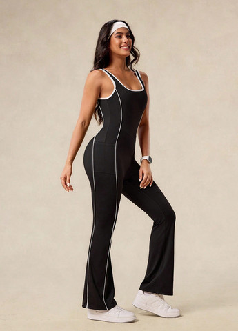 Комбинезон SHEIN комбинезон-брюки однотонный чёрный спортивный полиамид