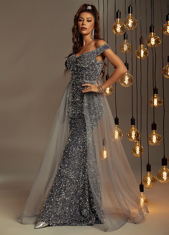 Темно-сіра вечірня сукня годе, сукня-кейп, з відкритими плечима SHEIN однотонна