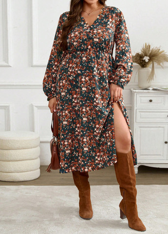 Темно-зеленое праздничный, кэжуал платье а-силуэт SHEIN с цветочным принтом