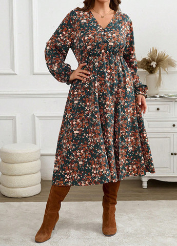 Темно-зеленое праздничный, кэжуал платье а-силуэт SHEIN с цветочным принтом