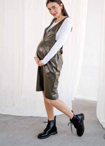 Демисезонный женский кожаный сарафан для беременных и кормящих мам экокожа цвет хаки To Be однотонный