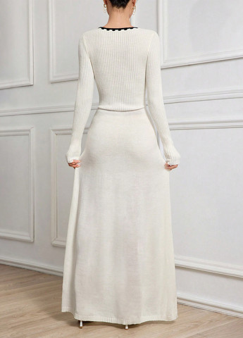 Молочна вечірня сукня силуетна, з спідницею-сонце, сукня светр SHEIN однотонна