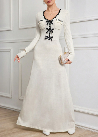 Молочна вечірня сукня силуетна, з спідницею-сонце, сукня светр SHEIN однотонна