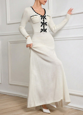 Молочна вечірня сукня силуетна, з спідницею-сонце, сукня светр SHEIN однотонна