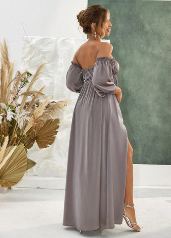 Сіро-бежева вечірня плаття для вагітних з спідницею-сонце, з відкритими плечима, з відкритою спиною, а-силует SHEIN однотонна