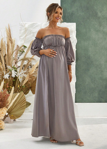 Сіро-бежева вечірня плаття для вагітних з спідницею-сонце, з відкритими плечима, з відкритою спиною, а-силует SHEIN однотонна