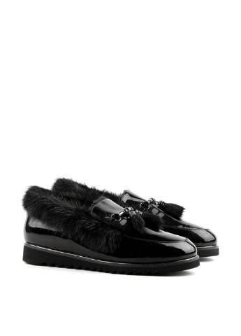 Черные женские кэжуал туфли с кисточками, лаковые, с металлическими вставками, с мехом без каблука украинские - фото