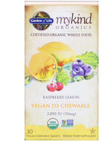 Вітамін D3, 2000 МО, малиново-лимонний смак, MyKind Organics,, 30 жувальних веганських таблеток Garden of Life (228293277)