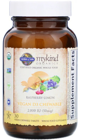 Витамин D3, 2000 МЕ, малиново-лимонный вкус, MyKind Organics,, 30 жевательных веганских таблеток Garden of Life (228293277)